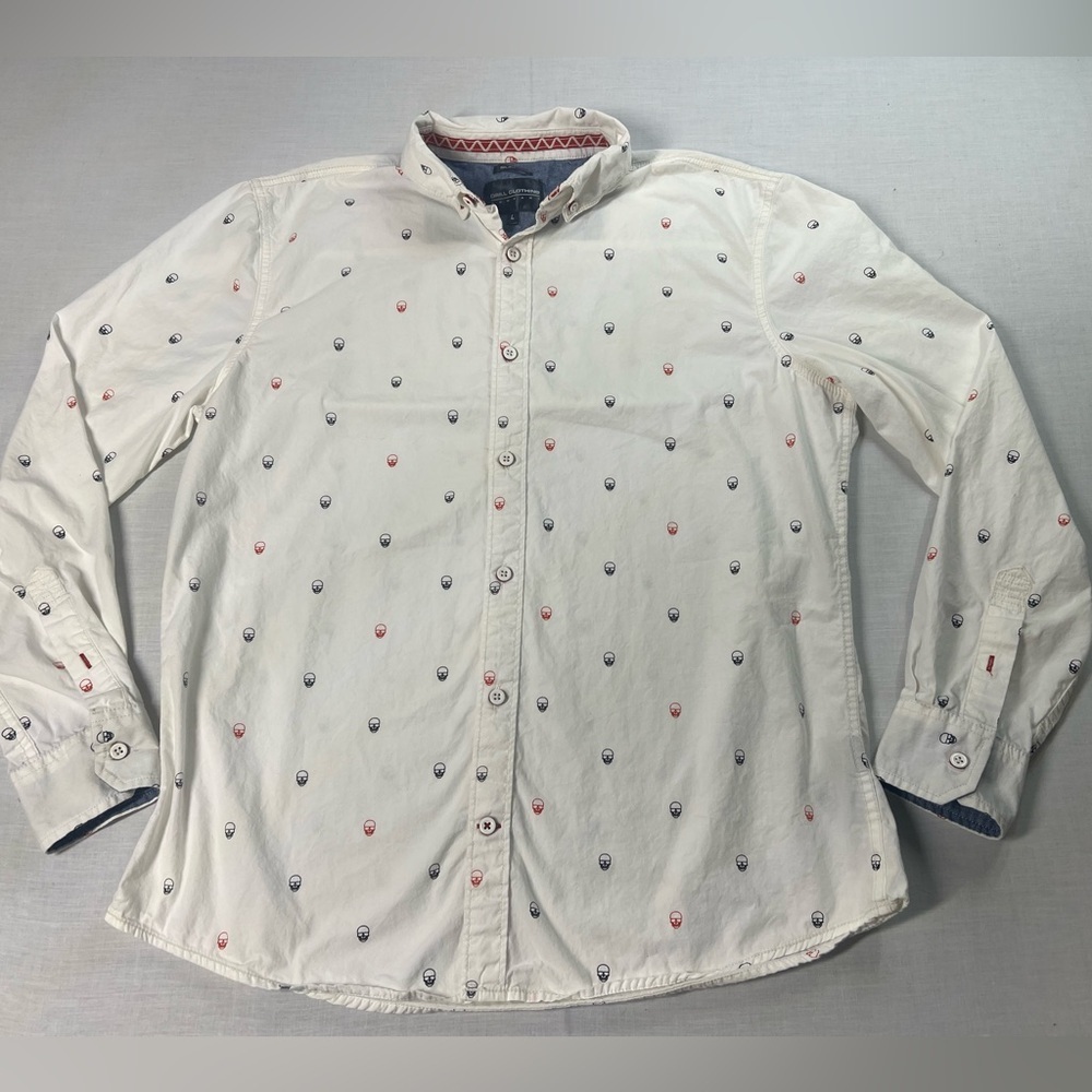 Drill Clothing Co Mens White Skull Print Long Sleeve Button-Up Shirt Size L